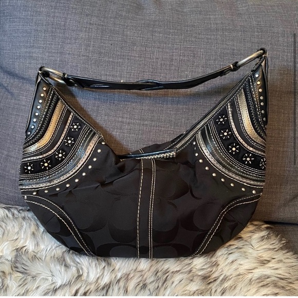 Coach signature suede leather canvas grommet black silver purse 2000s Y2K - Picture 4 of 16